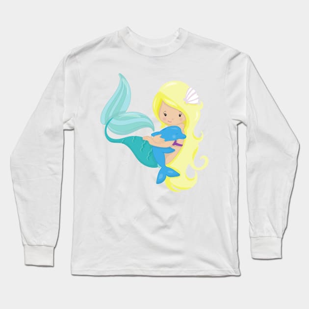 Cute Mermaid, Little Mermaid, Blonde Hair, Dolphin Long Sleeve T-Shirt by Jelena Dunčević